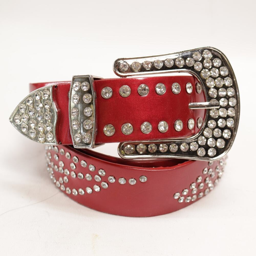 Vtg Western Bling Belt Women L Red Patent Leather Rhinestone Studded Adjustable